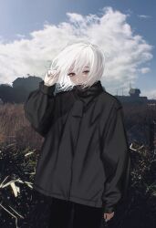 Rule 34 | 1girl, absurdres, arm at side, black jacket, black pants, blue sky, blush, building, closed mouth, cloud, cloudy sky, commentary request, cowboy shot, day, expressionless, field, floating hair, grass, grey eyes, half-closed eyes, hand in own hair, hand up, highres, jacket, long sleeves, looking at viewer, medium hair, original, outdoors, pants, photo background, red pupils, riroi (rntr ll), sky, solo, standing, white hair, wind
