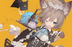 Rule 34 | 1girl, animal ear fluff, animal ears, black dress, blue bow, blue eyes, blush, bottle, bow, brown hair, commentary request, cup, dress, drinking glass, dutch angle, fang, hair between eyes, hair ornament, hairclip, holding, holding tray, juliet sleeves, long sleeves, mabuta (byc0yqf4mabye5z), one eye closed, open mouth, orange background, original, puffy sleeves, simple background, sketch, solo, tail, tail raised, tray, wide sleeves, wine glass