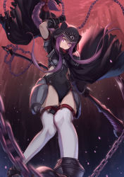 Rule 34 | 1girl, absurdres, armor, black leotard, breastplate, cloak, closed mouth, collar, covered navel, dated, fate/grand order, fate (series), from below, hair ribbon, highres, holding, holding scythe, hood, leotard, long braid, long hair, looking at viewer, medusa (fate), medusa (lancer) (fate), medusa (rider) (fate), purple eyes, purple hair, red collar, ribbon, rider, scythe, solo, thighhighs, very long hair, white thighhighs, yasu (segawahiroyasu)