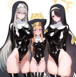 Rule 34 | 3girls, absurdres, animal ears, black hair, black headwear, black thighhighs, blue archive, blush, braid, breast press, breasts, chochomi, closed mouth, covered erect nipples, covered navel, crossed bangs, female focus, habit, hair over one eye, halo, height difference, highleg, highleg leotard, highres, hinata (blue archive), huge filesize, justina follower (blue archive), large breasts, latex, latex leotard, leotard, long hair, looking at viewer, mari (blue archive), medium breasts, multiple girls, nose blush, nun, orange hair, paid reward available, parted lips, red eyes, sakurako (blue archive), side braid, simple background, skindentation, standing, sweat, thighhighs, very long hair, white background