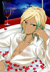 Rule 34 | 1boy, alcohol, aqua hair, bad id, bad pixiv id, bath, blonde hair, bottle, brown eyes, cup, drinking glass, gouenji shuuya, halilmyo, inazuma eleven (series), inazuma eleven go, male focus, multicolored hair, no pupils, aged up, open clothes, open shirt, parted lips, petals, shirt, solo, two-tone hair, wine, wine bottle, wine glass