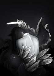 Rule 34 | 1girl, absurdres, artist name, back, back focus, black background, detached collar, feathers, from behind, greyscale, halo, head down, highres, hololive, hololive english, long hair, minxei, monochrome, ninomae ina&#039;nis, photo-referenced, solo, tentacles, virtual youtuber