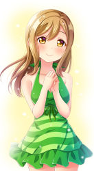 Rule 34 | 1girl, bare arms, bare legs, bare shoulders, blush, bow swimsuit, breasts, brown eyes, cleavage, collarbone, frills, gradient background, green one-piece swimsuit, highres, kunikida hanamaru, large breasts, light brown hair, long hair, looking at viewer, love live!, love live! sunshine!!, motoasako, one-piece swimsuit, own hands together, smile, solo, striped clothes, striped one-piece swimsuit, swimsuit