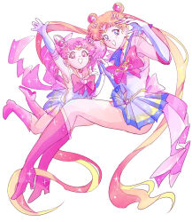 Rule 34 | 2girls, arm up, bishoujo senshi sailor moon, bishoujo senshi sailor moon supers, blonde hair, blue eyes, blue sailor collar, boots, bow, brooch, chibi usa, choker, cone hair bun, elbow gloves, full body, gloves, hair bun, hair ornament, hairpin, heart, heart brooch, highres, holding hands, hoshiai tora, jewelry, knee boots, long hair, magical girl, multicolored clothes, multicolored skirt, multiple girls, pink footwear, pink hair, red bow, red eyes, red footwear, sailor chibi moon, sailor collar, sailor moon, sailor senshi, short hair, skirt, smile, super sailor chibi moon, super sailor moon, tiara, tsukino usagi, twintails, white background, white gloves
