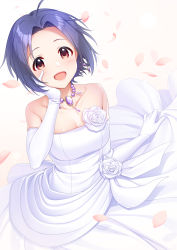 Rule 34 | 1girl, absurdres, ahoge, blue hair, commentary, dress, elbow gloves, flower, gloves, highres, idolmaster, idolmaster (classic), jewelry, looking at viewer, looking up, mikapoe, miura azusa, necklace, petals, red eyes, rose, solo, strapless, strapless dress, wedding dress, white dress, white flower, white gloves, white rose