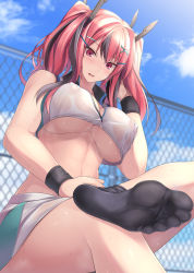 Rule 34 | 1girl, azur lane, bare shoulders, black thighhighs, blue sky, blush, breasts, bremerton (azur lane), bremerton (scorching-hot training) (azur lane), chain-link fence, cleavage, collarbone, crop top, crop top overhang, crossed legs, day, feet, fence, foot focus, greek toe, hair ornament, hairclip, highres, large breasts, long hair, open mouth, pink eyes, pink hair, ruton-niki, sky, soles, solo, sportswear, sweat, tennis uniform, thighhighs, thighs, toes, twintails, two-tone shirt, two-tone skirt, underboob