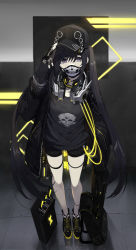 Rule 34 | 1girl, adjusting hair, backpack, bag, baseball cap, black eyes, black hair, black hat, black shorts, black theme, cable, covered mouth, cyberpunk, fingerless gloves, full body, gloves, grey background, hair between eyes, hat, headphones, headphones around neck, highres, jacket, long hair, looking at viewer, mask, mouth mask, neon trim, open clothes, open jacket, original, shoes, short shorts, shorts, sidelocks, skull print, sneakers, solo, standing, thigh strap, touzai (poppin phl95), twintails, unworn backpack, unworn bag, very long hair