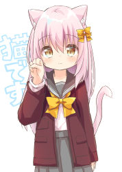Rule 34 | 1girl, absurdres, animal ears, text background, blush, bow, brown eyes, cat ears, cat girl, cat tail, closed mouth, commentary request, grey sailor collar, grey skirt, hair between eyes, hair bow, hand up, highres, jacket, long hair, long sleeves, nakkar, open clothes, open jacket, original, pink hair, pleated skirt, red jacket, sailor collar, school uniform, serafuku, shirt, skirt, sleeves past wrists, smile, solo, tail, tail raised, translation request, very long hair, white background, white shirt, yellow bow