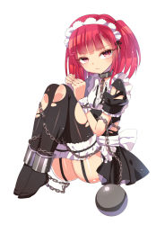 Rule 34 | 1girl, bad id, bad pixiv id, ball and chain restraint, bdsm, blush, bondage, bound, center frills, chain, collar, cuffs, female focus, frills, full body, garter straps, looking at viewer, magi the labyrinth of magic, maid, maid headdress, morgiana, mvv, red eyes, red hair, sitting, slave, solo, thighhighs, torn clothes