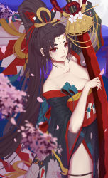 Rule 34 | 1girl, absurdres, blurry, blurry background, branch, breasts, brown hair, cherry blossoms, cleavage, commentary request, depth of field, facial mark, forehead mark, from side, hand up, highres, holding, japanese clothes, kimono, langya beike, large breasts, long hair, long sleeves, looking at viewer, looking to the side, obi, off shoulder, onmyoji, parted bangs, parted lips, red eyes, sash, side slit, smile, solo, standing, very long hair, youtouhime