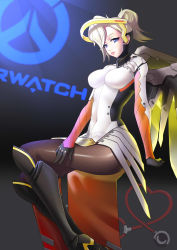 Rule 34 | 1girl, absurdres, armor, armored boots, black footwear, blonde hair, blue eyes, bodysuit, boots, breastplate, breasts, brown pantyhose, copyright name, crossed legs, headgear, highres, knee boots, large breasts, legs, long legs, looking at viewer, mechanical wings, mercy (overwatch), overwatch, overwatch 1, pantyhose, parted lips, pink lips, ponytail, short hair, sitting, solo, stethoscope, thighs, wings, xiga