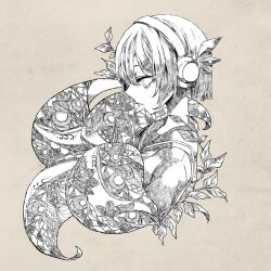 Rule 34 | 1girl, abstract, bags under eyes, brown background, commentary request, cropped torso, disembodied eye, expressionless, flower, from side, greyscale with colored background, hatching (texture), headphones, highres, instrument, keyboard (instrument), leaf, looking down, makayaki (rikka705), melodica, monster girl, mouth hold, nene nene, petals, plant girl, profile, school uniform, serafuku, short hair, solo, utau