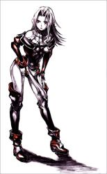 Rule 34 | 1girl, banpresto, bare shoulders, boots, breasts, cleavage, full body, hand on own hip, hip focus, lamia loveless, large breasts, monochrome, pilot suit, shadow, solo, super robot wars, thighhighs, thighs, wind