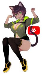 Rule 34 | 1girl, ], animal ear fluff, animal ears, arms up, atori yoru, bell, black thighhighs, blush, breasts, cat ears, cat girl, cat tail, choker, cleavage, dark-skinned female, dark skin, fangs, full body, green eyes, green jacket, hair between eyes, highres, hood, indie virtual youtuber, jacket, large breasts, long sleeves, looking at viewer, mole, mole on breast, navel, neck bell, open mouth, partially unzipped, paw print, purple hair, purple ribbon, ribbon, shoes, short hair, short shorts, shorts, simple background, sneakers, solo, tail, teeth, thighhighs, thighs, virtual youtuber, white background, yuzuriha (active homing), zipper