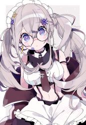 Rule 34 | + +, 1girl, apron, bandaid, bandaid on face, bandaid on nose, bare shoulders, black-framed eyewear, black skirt, breasts, brown jacket, brown necktie, chon (chon33v), closed mouth, collared shirt, crop top, ear piercing, earrings, glasses, grey hair, hair between eyes, hair ornament, highres, jacket, jewelry, large breasts, long hair, looking at viewer, maid, maid apron, maid headdress, midriff, mole, mole under eye, navel, necktie, off shoulder, open clothes, open jacket, original, piercing, purple eyes, round eyewear, shirt, signature, skirt, sleeveless, sleeveless shirt, solo, sparkling eyes, stomach, suspenders, symbol-shaped pupils, twintails, upper body, waist apron, white shirt, x hair ornament