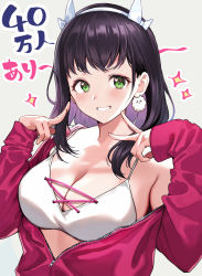 Rule 34 | 1girl, bikini, black hair, breasts, cleavage, double v, earrings, green eyes, grey background, grin, hairband, hands up, jacket, jewelry, large breasts, long hair, long sleeves, looking at viewer, mole, mole under eye, nishizawa, off shoulder, open clothes, open jacket, original, pink jacket, smile, solo, swimsuit, upper body, v, white bikini