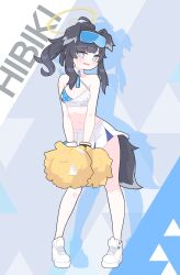 Rule 34 | 1girl, absurdres, animal ears, black hair, blue archive, blue background, blush, breasts, character name, commentary, commentary request, detached collar, dog ears, dog girl, dog tail, drop shadow, embarrassed, emfldzm159, english commentary, full body, halterneck, hibiki (blue archive), hibiki (cheer squad) (blue archive), highres, looking at viewer, medium breasts, millennium cheerleader outfit (blue archive), miniskirt, navel, pleated skirt, pom pom (cheerleading), purple eyes, shoes, side ponytail, sidelocks, skirt, sneakers, solo, stomach, tail, triangle background, white background, white footwear, white skirt