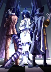 Rule 34 | 1girl, 2boys, adjusting eyewear, ahoge, albedo (overlord), bare hips, black footwear, black gloves, black headwear, black wings, blue hair, boots, checkered floor, closed mouth, demiurge, dress, earrings, elbow gloves, feathered wings, full body, glasses, gloves, hair over one eye, hat, horns, jacket, jewelry, knee boots, long dress, long hair, long sleeves, looking at viewer, low wings, maguro-yamato, military jacket, multiple boys, overlord (maruyama), pandora&#039;s actor, pants, peaked cap, pointy ears, red jacket, red pants, round eyewear, sash, sleeveless, sleeveless dress, smile, standing, striped clothes, striped dress, striped jacket, striped pants, tail, tongue, tongue out, vertical-striped clothes, vertical-striped jacket, vertical-striped pants, very long hair, white dress, white gloves, wings, yellow eyes, yellow jacket, yellow pants