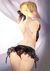 Rule 34 | 1girl, artoria pendragon (fate), ass, astarone, back, black gloves, black panties, blonde hair, bow, braid, elbow gloves, fate/stay night, fate (series), frills, from behind, garter belt, gloves, hair bow, lingerie, looking back, no bra, panties, saber (fate), saber alter, shoulder blades, solo, standing, topless, underwear, yellow eyes