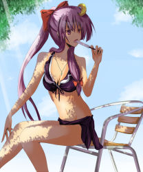 Rule 34 | 1girl, alternate hairstyle, bikini, chair, crescent, crescent hair ornament, day, female focus, food, front-tie top, hair ornament, jewelry, light rays, long hair, necklace, no headwear, no headwear, patchouli knowledge, ponytail, popsicle, purple eyes, purple hair, ram hachimin, sarong, sitting, solo, summer, sunbeam, sunlight, swimsuit, touhou, tree shade, very long hair