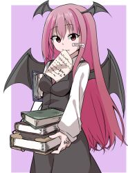 Rule 34 | 1girl, bat wings, black skirt, black vest, book, book stack, border, breasts, collared shirt, cowboy shot, dot nose, eyes visible through hair, hair between eyes, head wings, holding, holding book, koakuma, long hair, long sleeves, looking at viewer, medium breasts, mouth hold, necktie, paper, purple background, red eyes, red hair, red necktie, shinmon akika, shirt, sidelocks, skirt, skirt set, smile, solo, touhou, very long hair, vest, white background, white border, white shirt, wings, writing on hand