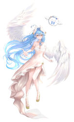 1girl absurdres ahoge angel angel_wings bare_shoulders blue_hair breasts cleavage dress elf feathered_wings full_body head_wings heart heart_ahoge highres hololive huahua_tu large_breasts long_hair multiple_wings pointy_ears simple_background solo_focus strapless strapless_dress virtual_youtuber white_background white_wings wings yellow_eyes yukihana_lamy yukimin_(yukihana_lamy)