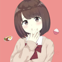 Rule 34 | 1girl, 7 calpis 7, blush, bow, bowl, brown eyes, brown hair, brown sweater, clip studio paint (medium), closed mouth, collared shirt, commentary request, fried egg, hand to own mouth, head tilt, long sleeves, looking at viewer, nail polish, original, pink nails, plate, puffy long sleeves, puffy sleeves, red background, red bow, rice, rice bowl, sample watermark, school uniform, shirt, short hair, simple background, sleeves past wrists, smile, solo, sweater, upper body, watermark, white shirt
