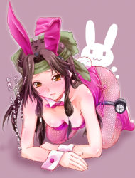Rule 34 | 10s, 1girl, all fours, animal ears, bow, bowtie, brown eyes, brown hair, rabbit, detached collar, downblouse, fake animal ears, fishnet pantyhose, fishnets, headband, highres, jintsuu (kancolle), kantai collection, leotard, long hair, pantyhose, playboy bunny, rabbit ears, rabbit tail, solo, tail, translation request, tsukineko, wrist cuffs