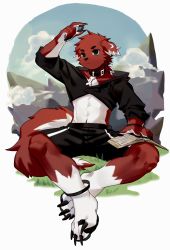 Rule 34 | 1boy, absurdres, animal collar, animal ears, arm up, black collar, black eyes, black shorts, black wristband, body fur, book, claws, closed mouth, collar, colored sclera, dog boy, dog ears, dog tail, full body, furry, furry male, grass, grey sclera, highres, holding, holding rock, kitai su, looking at object, looking up, male focus, original, pebble, red fur, rock, shorts, shrug (clothing), sitting, solo, tail, white fur, wristband
