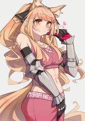 Rule 34 | 1girl, abs, absurdres, alternate costume, animal ears, arknights, black gloves, blemishine (arknights), blush, breasts, character name, cowboy shot, extra ears, gauntlets, gloves, heart, highres, horse ears, horse girl, horse tail, looking at viewer, navel, pants, pink gloves, pink pants, pink sports bra, ponytail, sidelocks, simple background, small breasts, smile, solo, sports bra, stomach, tail, togekk0, two-tone gloves, white background, yellow eyes