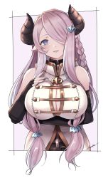 Rule 34 | 1girl, artist name, asazuke25, bare shoulders, black gloves, blush, braid, breast hold, breasts, cleavage, commentary request, draph, elbow gloves, fingerless gloves, gloves, granblue fantasy, hair ornament, hair over one eye, hand on own chest, head tilt, highres, horns, large breasts, lips, long hair, looking at viewer, narmaya (granblue fantasy), parted lips, pink hair, purple eyes, signature, simple background, sleeveless, smile, solo, upper body