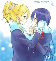 Rule 34 | 10s, 2girls, ayase eli, bad id, bad twitter id, blonde hair, blue eyes, blue hair, blush, bow, braid, eye contact, gloves, kisaragi mizu, long hair, looking at another, love live!, love live! school idol project, mittens, multiple girls, ponytail, scarf, signature, smile, sonoda umi, twitter username, winter clothes, yellow eyes, yuri