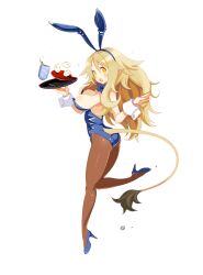 Rule 34 | 1girl, animal ears, ass, blonde hair, blue footwear, blue leotard, blush, bow, bowtie, breasts, brown pantyhose, cleavage, cup, detached collar, disgaea, disgaea rpg, drink, fake animal ears, food, full body, high heels, highres, holding, holding tray, large breasts, leotard, liezerota, long hair, non-web source, official art, open mouth, pantyhose, photoshop (medium), playboy bunny, pointy ears, pumps, rabbit ears, solo, strapless, strapless leotard, tail, transparent background, tray, wrist cuffs, yellow eyes
