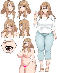 Rule 34 | 1girl, agawa ryou, b-chan (agawa ryou), blush, breasts, brown eyes, brown hair, censored, character sheet, closed mouth, cowboy shot, curvy, embarrassed, feet, full body, glasses, happy, heart, heart censor, highres, hip focus, huge breasts, legs, long hair, looking at viewer, matching hair/eyes, navel, nipples, nude, open mouth, original, parted lips, plump, sandals, shy, simple background, smile, solo, thighs, toes, waving, white background