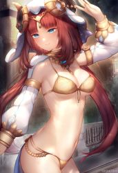 Rule 34 | 1girl, arm up, beads, bikini, blue eyes, blue gemstone, breasts, cleavage, closed mouth, cowboy shot, detached sleeves, facing viewer, female focus, forehead jewel, gem, genshin impact, highres, horns, kimoshi, long hair, long sleeves, looking to the side, medium breasts, navel, nilou (genshin impact), parted bangs, puffy long sleeves, puffy sleeves, red hair, shrug (clothing), smile, solo, standing, stomach, string bikini, swimsuit, twitter username, vambraces, veil, vision (genshin impact), wet, white headdress, white sleeves