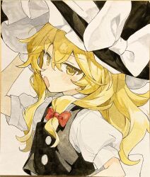 Rule 34 | 1girl, :o, black hat, black vest, blonde hair, blush stickers, bow, braid, colored eyelashes, commentary, from side, frown, hair between eyes, hair bow, hand up, hat, hat bow, highres, jill 07km, kirisame marisa, long hair, looking at viewer, open mouth, photo (medium), puffy short sleeves, puffy sleeves, red bow, shikishi, shirt, short sleeves, simple background, single braid, solo, symbol-only commentary, touhou, traditional media, tsurime, upper body, v-shaped eyebrows, vest, white background, white bow, white shirt, witch hat, yellow eyes