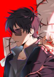 Rule 34 | 1boy, black hair, black jacket, cigarette, close-up, facial hair, goatee stubble, grey shirt, holding, jacket, looking to the side, male focus, nicholas d. wolfwood, profile, raine (acke2445), red background, shirt, short hair, simple background, solo, stubble, sunglasses, trigun, trigun stampede