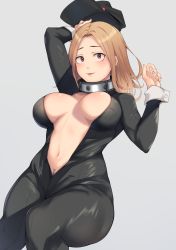 Rule 34 | 1girl, alternate eye color, black bodysuit, black mutou, blush, bodysuit, boku no hero academia, breasts, brown hair, catsuit, cleavage, grey background, hat, highres, large breasts, long hair, looking at viewer, navel, red eyes, smile, solo, stomach, thighs, unzipped, utsushimi kemii, wrist cuffs