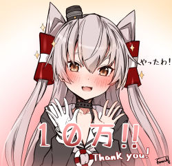 Rule 34 | 1girl, amatsukaze (kancolle), artist name, brown dress, brown eyes, choker, commentary request, dress, fang, gloves, gradient background, grey neckerchief, hair tubes, hat, highres, kantai collection, lifebuoy ornament, long hair, looking at viewer, milestone celebration, mini hat, neckerchief, open mouth, sailor dress, silver hair, single glove, skin fang, smile, smokestack hair ornament, solo, sparkle, takanashi kei (hitsujikan), translation request, two side up, upper body, white gloves