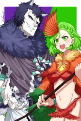 Rule 34 | 1boy, 1girl, :d, absurdres, animal ears, bikini, black sclera, blue eyes, braid, breasts, cape, claws, colored sclera, dog ears, dog tail, feather hair ornament, feathers, fur collar, green eyes, green hair, grin, hair ornament, highres, juuni taisen, looking at viewer, medium breasts, midriff, navel, niwa ryouka, open mouth, red bikini, shishiruto, smile, swimsuit, tail, tsukui michio