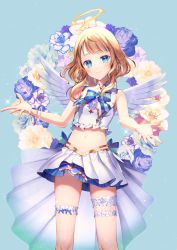Rule 34 | 1girl, angel, angel wings, bare arms, bare shoulders, blue background, blue eyes, blue flower, blue rose, blush, bridal garter, closed mouth, commentary request, crop top, feathered wings, flower, halo, head tilt, highres, light brown hair, long hair, midriff, momoshiki tsubaki, navel, pleated skirt, purple flower, rose, shiotenshi channel, shiotenshi riel, shirt, skirt, sleeveless, sleeveless shirt, smile, solo, virtual youtuber, white flower, white shirt, white skirt, white wings, wings