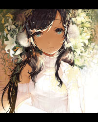 Rule 34 | 1girl, black hair, blue eyes, closed mouth, flower, hair ornament, kokage no shita, letterboxed, lily (flower), long hair, looking at viewer, original, pom pom (clothes), smile, solo, white flower