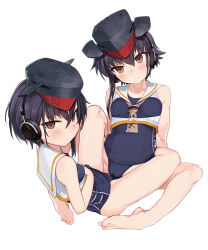 Rule 34 | 10s, 2girls, bad id, bad pixiv id, bare shoulders, barefoot, black hair, blush, breasts, brown eyes, cameltoe, covered navel, hat, headphones, highres, i-13 (kancolle), i-14 (kancolle), kantai collection, kylin, looking at viewer, multiple girls, one-piece swimsuit, sailor collar, siblings, simple background, sisters, sitting, smile, spread legs, swimsuit, white background