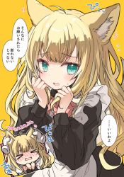 Rule 34 | 1girl, ahoge, animal ear fluff, animal ears, apron, black dress, blonde hair, blush, bow, chibi, closed eyes, commentary request, disembodied limb, dress, ear fondling, fangs, flying sweatdrops, fox ears, fox girl, fox tail, frilled apron, frills, green eyes, holding, holding hair, kamiyoshi rika, long hair, long sleeves, maid, maid apron, nose blush, open mouth, orange background, original, pink bow, puffy long sleeves, puffy sleeves, sweat, tail, translation request, very long hair, wavy mouth, white apron