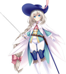 Rule 34 | 1girl, alternate hairstyle, blue eyes, blue hat, braid, cape, chevalier d&#039;eon (fate), chevalier d&#039;eon (fate) (cosplay), cosplay, fate/grand order, fate (series), gloves, hat, highres, holding, holding sword, holding weapon, long braid, long hair, long sleeves, marie antoinette (fate), pants, rapier, silver hair, single braid, solo, sword, very long hair, weapon, white cape, white gloves, white pants, yuto sepiacolor