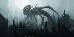 Rule 34 | amygdala (bloodborne), artist name, bloodborne, bridge, building, city, copyright name, extra arms, from side, full moon, highres, house, monster, moon, no humans, outdoors, solo, tentacles, tripdancer