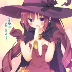 Rule 34 | 1girl, alternate costume, banana, between breasts, blush, bow, breasts, cape, cleavage, drill hair, food, fruit, gloves, halloween, hat, hat bow, hazuki watora, jack-o&#039;-lantern, kani biimu, long hair, looking at viewer, original, purple eyes, red hair, sexually suggestive, small breasts, solo, tears, translated, twin drills, twintails, witch hat