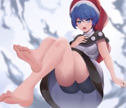 Rule 34 | 1girl, absurdres, artistic error, ass, bad id, bad pixiv id, barefoot, black capelet, blue eyes, blue hair, blurry, blurry background, breasts, bright pupils, callmaichi, capelet, commentary request, doremy sweet, dress, feet, foot focus, foreshortening, full body, hair between eyes, hand up, hat, highres, looking at viewer, nightcap, pom pom (clothes), red hat, shorts, simple background, small breasts, soles, solo, toes, touhou, turtleneck, white dress, wrong foot