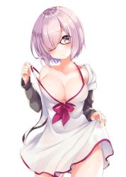 Rule 34 | 1girl, black-framed eyewear, black eyes, blush, breasts, cleavage, collarbone, dress, fate/grand order, fate (series), glasses, gomano rio, hair over one eye, highres, large breasts, long sleeves, looking at viewer, mash kyrielight, mash kyrielight (swimsuit of perpetual summer), nail polish, official alternate costume, pink hair, short hair, simple background, solo, sweat, white background, white dress