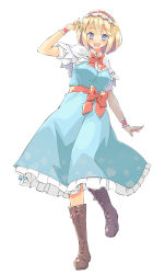 Rule 34 | 1girl, adjusting hair, alice margatroid, arnest, blonde hair, blouse, blue dress, blue eyes, blush, boots, bow, bowtie, breasts, brown footwear, capelet, collared shirt, dress, frilled dress, frills, full body, hairband, highres, lolita hairband, looking at viewer, open mouth, puffy short sleeves, puffy sleeves, red bow, red sash, sash, shirt, short hair, short sleeves, smile, touhou, white background, white capelet, white shirt